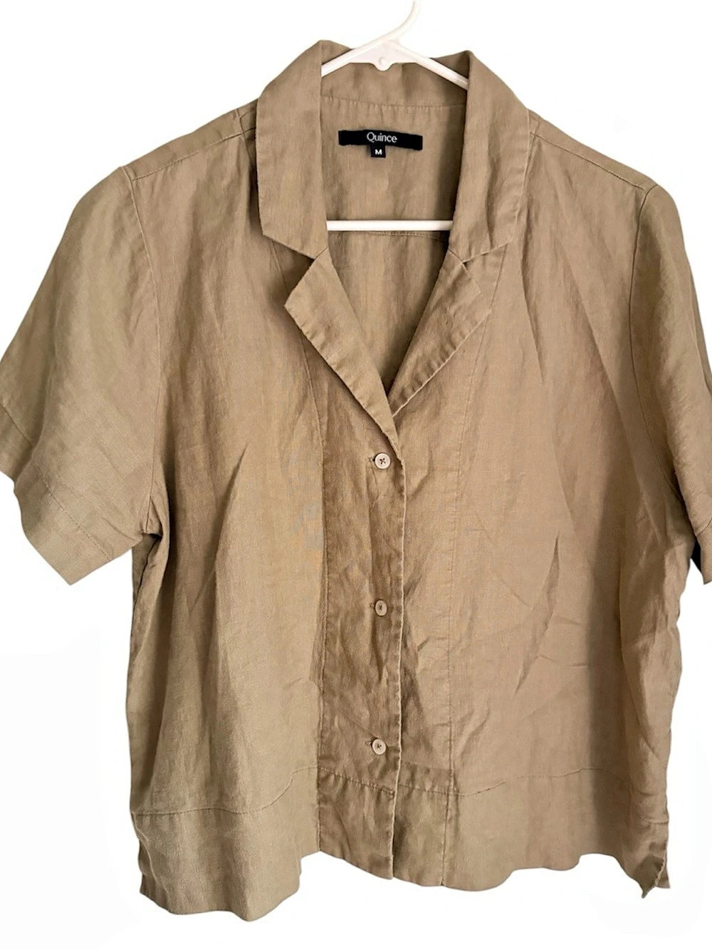 Quince Women’s Olive Green Button Down Blouse Top Casual Boxy Linen Size M